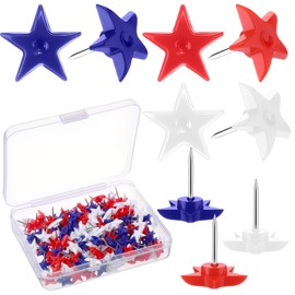 Humyoun 150 Pcs 4th of July Push Pin Red White Blue Star Thumb Tack with Box Independence Day Patriotic Plastic Head Steel Point Wall Tack for Bulletin Board American National Day Party Decoration