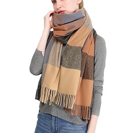 Wander Agio Women's Fashion Scarves Long Shawl Winter Thick Warm Knit Large Plaid Scarf, Rough Black Camel, Medium