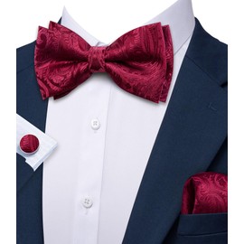 Barry.Wang Men's Paisley Silk Pre-tied Bow Tie Set Pocket Square and Cufflinks for Weddings and Formal Events