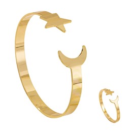 Hernin Verstellbar Armband Golden Damen Stern Armreif mit Sterne Ringe Verstellbarer Offener Sterne Armreif Gold Manschette Armband für Damen (Gold-Stern und Mond)