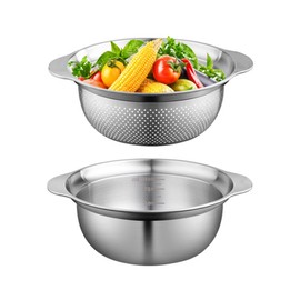 Versatile 3.5 Quart Kitchen Colander Set with Handle, Micro-Perforated Strainer for Pasta, Rice, Vegetables, Fruits, Includes Heated Stainless Steel Mixing Bowl for Salad, Cooking, Baking