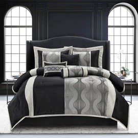 Stratford Park Black and Silver Comforter Set California King Size,Elegant 7 Pieces Striped All Season Bedding Set
