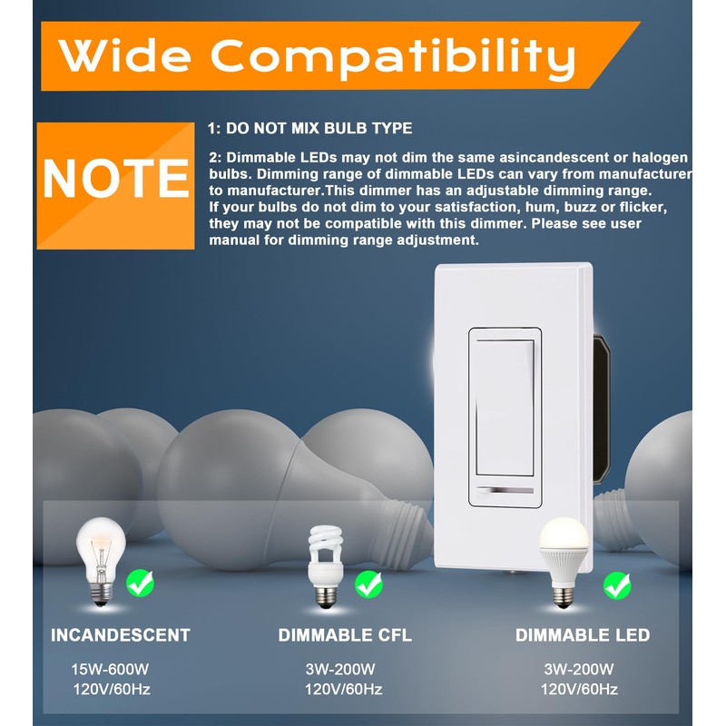 [10 Pack] Cloudy Bay 3-Way/Single Pole Dimmer Electrical Light Switch