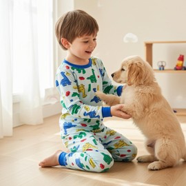 PATPAT Toddler Kids Pajama Sets with Bamboo Viscose - 2 Pieces Soft Snug Fit Pjs for Boys and Girls,All-Season Comfort Sleepwear, Blue Dino Blocks, Size 6 Years