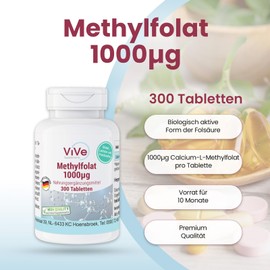Methylfolate 1000μg - 300 Tablets - Easy to Swallow - Calcium L-Methylfolate - High Dose - Biologically Active Form of Folic Acid - Quality from Germany - ViVe Supplements