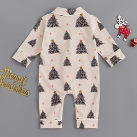 Balaflyie Baby Girl Button Down Pajamas Romper One-Piece Jumpsuit Long Sleeve Sleeper Infant Sleepwear (Christmas Tree&Cream,6-12 Months)