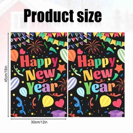 Happy New Year Garden Flag, 18x12in Double Sided New Year Decoration Flag with Colorful Words Black Background Confetti Hot Air Balloons Pattern Party Yard Decorations for Outdoor Lawn Winter