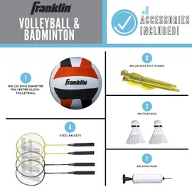 Franklin Sports Family Volleyball & Badminton Combo Set - Portable Backyard + Beach Volleyball + Badminton Net - Ball, Rackets & Birdie Included - Family