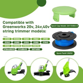 29252 29092 Spool Compatible with Greenworks 21332 21342 24V 40V 80V Weed Eater String Trimmer and 3411546A-6 Cover Cap, Replacement Spool Refills Single Line 16ft 0.065'' (10 Spools, 1 Cap)