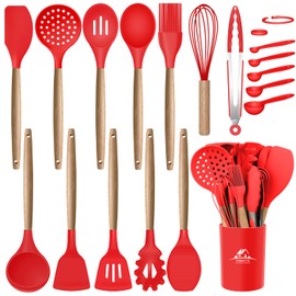 MIBOTE Silicone Cooking Utensils Kitchen Utensil Set - 446°F Heat Resistant,Turner Tongs, Spatula, Spoon, Whisk, Wooden Handle Kitchen Gadgets with Holder for Nonstick Cookware Christmas (Red)
