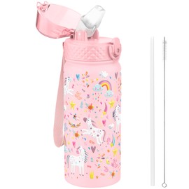 GOPPUS 550ml/18oz Kids Insulated Water Bottle with Straw Cute Double Wall Stainless Steel Child's Small Flask Vacuum Insulated Steel Metal Leak Proof Drink Flask Boys Toddler Girls Flask BPA-Free