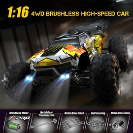 1/16 Brushless Fast RC Car for Adults, Top Speed 37mph Electric Off-Road RC Monster Trucks, 4X4 Remote Control High Speed RC Car for Hobby Toy Gifts SCY-16102PRO (Orange)