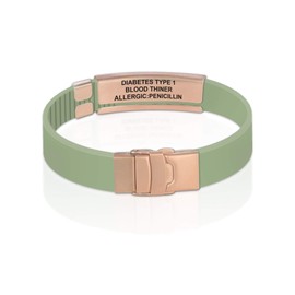 Divoti Divoti Custom Dual-Sided Engraved Silicone Medical Alert ID Wristband w/Security Clasp & Trim-to-Fit Green Mint Silicone Band w/Security Clasp - 14MM PVD Rose Gold/White