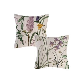 Fullfun Floral Cushion Covers with Pink Purple Flower and green leaf, Dense Linen Single Sided Print Throw Pillow Covers Decorative Throw Pillow Cases for Bedroom Sofa Chair 45cm x 45cm (2 Pack)