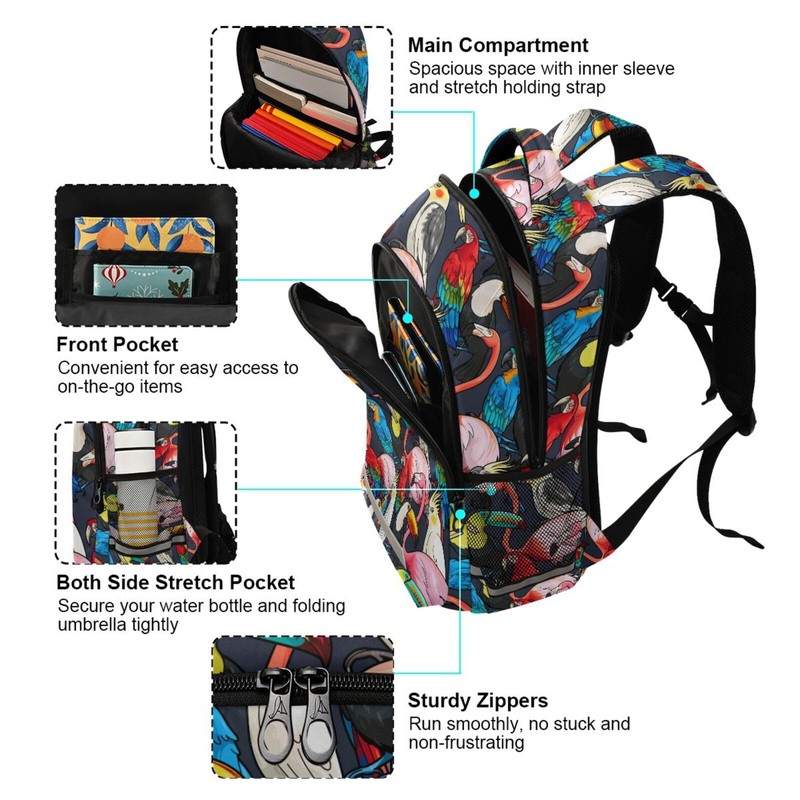JHKKU Kids Backpack for Boys Girls Bookbags Colorful Exotic Birds
