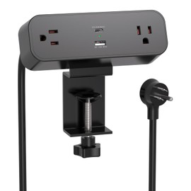 Desk Clamp Power Strip 10ft Flat Plug Extension Cord with USB C, 2 Outlets, Surge Protector USB C (PD 20W), USB A(QC 18W) Fast Charging Ports,Table Outlets for Home, Office, Black