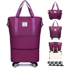 Expandable & Foldable Rolling Duffle Bag with Wheels, Large Capacity Carry-On Luggage with Dry Wet Separation, Waterproof Lightweight Travel Weekend Bag for Women Men (Dark Purple)