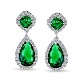 5CTW Green CZ Teardrop Pear Shape Simulated Emerald Cubic Zirconia Dangle Earrings For Women Rhodium Plated Brass