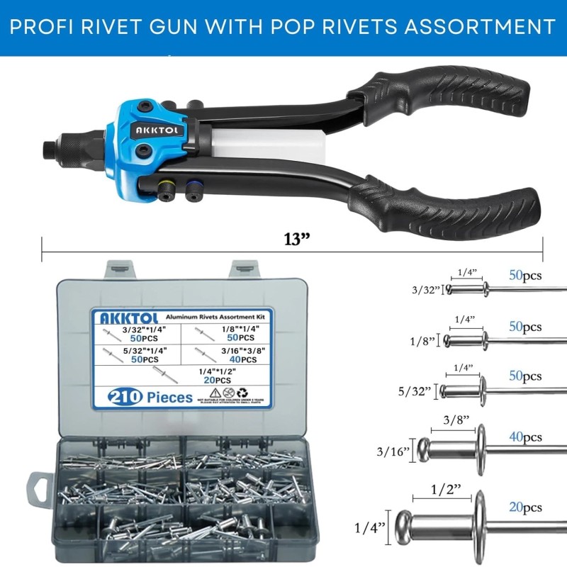 Akktol Rivet Gun Kit 1/4" Pop Rivet Gun Kit with