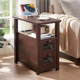 HDDDZSW Farmhouse XXL End Table with Charging Station, Narrow Side Table with USB Ports and Outlets, Nightstand with 2 Drawers Storage, Bedside Tables for Living Room, Bedroom, Rustic cherry