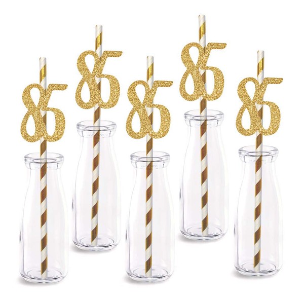 85th Birthday Paper Straw Decor, 24-Pack Real Gold Glitter Cut-Out Numbers Happy 85 Years Party Decorative Straws