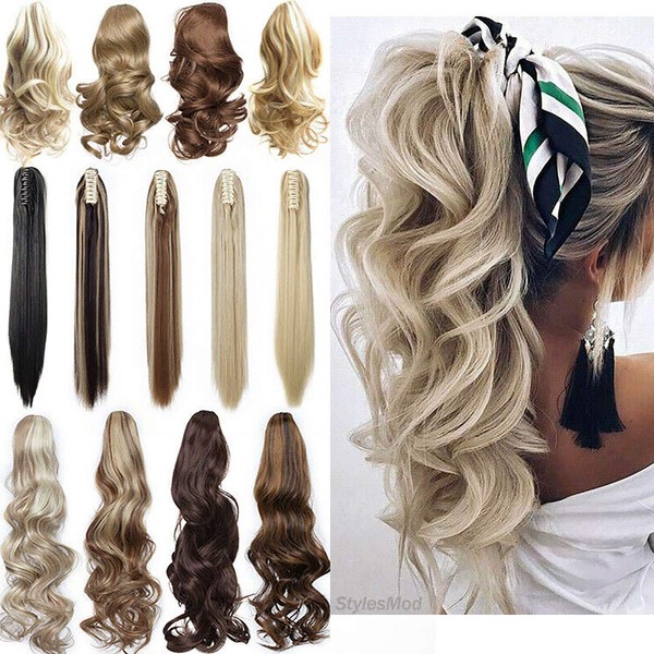 Long Short Claw Ponytail Hair Extension One Piece Cute Clip in on Ponytail Jaw/Claw Synthetic Straight Curly Hairpieces 18" Curly Dark Brown