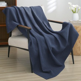 PHF 100% Cotton Waffle Weave Blanket Single Size 130 x 150cm, Pre-Washed Lightweight Breathable Throw Blanket for Summer, Oeko-TEX Certified for Bed Couch Sofa, Home Decor, Dark Navy
