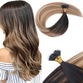 KOCONI 16 Inch Nano Ring Hair Extensions Real Human Hair Nano Beads Hair Extensions Balayage Natural Black to Chestnut Brown with Medium Blonde 1g/S Nano Tip Hair Extensions 50g #1B/6/22