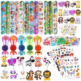 120Pcs Jungle Safari Party Favors Including Puzzle Stickers, Slap Bracelets, Animal Keychains, Temporary Tattoos, Animal Rings, Animal Stickers Safari Themed Birthday Party Supplies