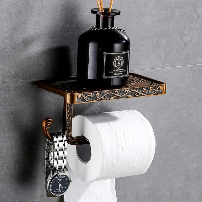 Antique Carving Toilet Paper Holder，Wall Mounted Single Roll Cell Phone