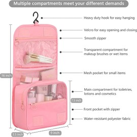 Hanging Toiletry Bag, Travel Wash Bag for Women Portable Folding Cosmetic Organizer Large Capacity Girls Makeup Bag Waterproof Shower Bag with Separate Compartment (Pink)