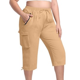 FOREYOND Plus Size Women's Cargo Capris Pants Lightweight Quick Dry Hiking Pants Loose Fit Yoga Workout Pants with Pockets Travel Casual Khaki 2XL