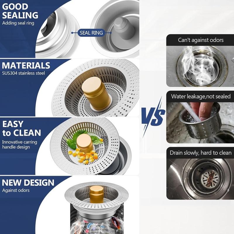 Fecoor Upgraded 3-in-1 Kitchen Sink Drain Strainer, Stainless Steel Sink