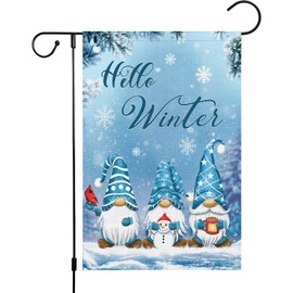 Louise Maelys Hello Winter Gnome Garden Flag 12x18 Double Sided, Burlap Small Vertical Snowflakes Snow Garden Yard House Flags for Winter Christmas Seasonal Outside Outdoor House Decor (ONLY FLAG)