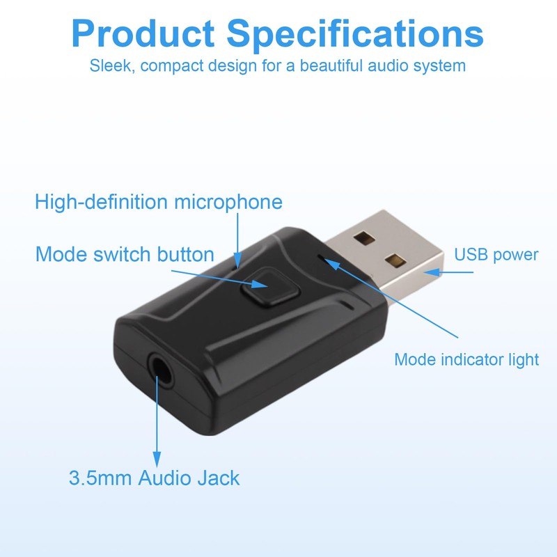 USB Bluetooth 5.0 Dongle Adapter with 3.5mm AUX, 4-in-1 Car