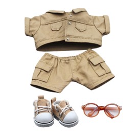 Denim Doll Clothes for 15cm 17cm Artist Dolls, Camo Denim Jacket & Jeans + Canvas Sneakers & Mini Glasses Outfits Sets, Street Style High-End Fashion Suitable Doll Accessories (No Doll) (Khaki)