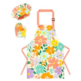 WERNNSAI Floreale Set Chef per Bambini - Impermeabile Bambini Grembiule Cucina con Cappello Cuoco per Bambini Guanto da Cucina con ampie Tasche per Cucinare Cottura Pittura Ideale 6-10 Anni