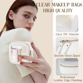 Clear Makeup Bag, Small Makeup Bag For School Leather Mini Makeup Pouch Organizer TSA Approved Clear Makeup Case Pouch with Zipper,Waterproof Square Cosmetic Bag Carry-On Travel Essentials(Mini-White)