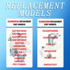 5220FR2075L (Cold), 5220FR2006H (Hot) Water inlet Valve Compatible with lg, kenmore Washer. Replacement Models:5221ER1003A 5221ER1003C5220FR2006L 5220FR20060 etc