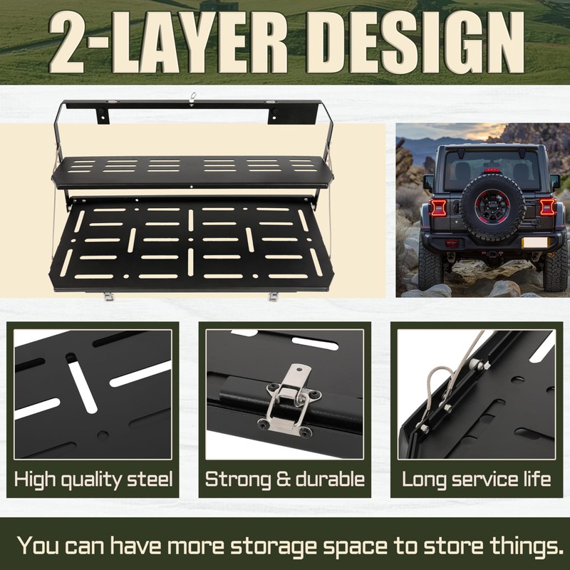 KUAFU Double-Layer Foldable Tailgate Table Compatible with 2018-2023 Jeep Wrangler