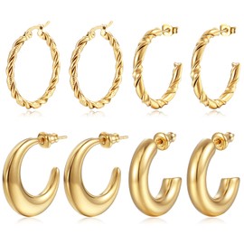 4Pairs Gold Hoop Earrings Set for Women Gold Plated Huggie Earrings Chunky Open Half Hoop Earring Hypoallergenic Twisted Thick Jewelry for Girls