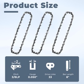 8" Pole Saw Chain Replacement for Greenworks Models PS40B00,PSF301,PSPH40B210,PSPH40B00, PS40B210 & PS40L210,29072 Chainsaw Chain,33 Drive Links 0.050" Gauge 3/8" LP Pitch (3 Pack)