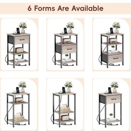 Vagusicc Night Stand Set of 2, Nightstand with Charging Station, Bed Side Table with Drawer, End Table with Storage Shelf for Living Room, Tall Bedside Tables, Small Night Stand for Bedroom, Greige