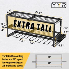 YYR Heavy Duty Power Tool Organizer Wall Mount, Cordless Drill Hanger Storage Rack, Battery Tools Holder with Charging Station Shelf for Garage Organization, Workshop, Pegboard, Shed - 24 Inch 6 Slots