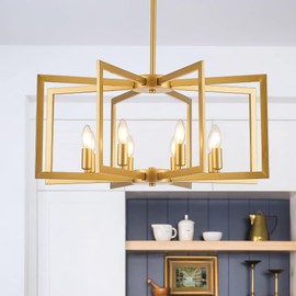 Salaiwei Modern Farmhouse Gold Chandeliers for Dining Room, 8-Light Industrial Metal Chandeliers Geometric Pendant Lights Kitchen Island for Entryway Stairway Foyer Hallway