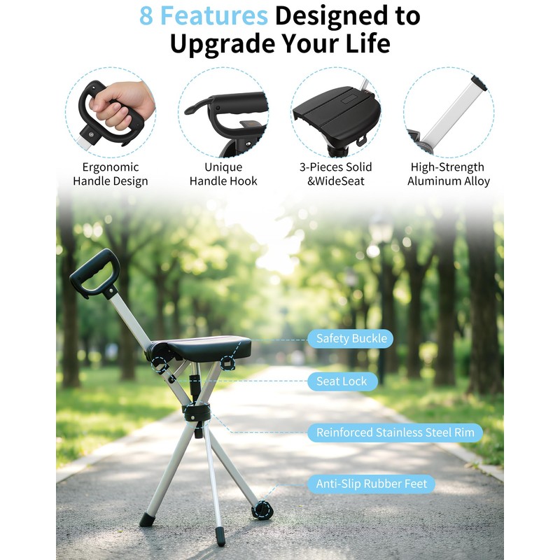 Portable Walking Stick Cane with Seat, Foldable Chair, Lightweight Aluminum,