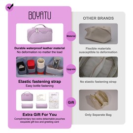 BOYATU Travel Makeup Bags Cosmetic Organizer: Checkered Make up Bags Set of 3 - PU Leather Toiletry Bag for Women - Portable Makeup Organizer with Compartments & Handle & Divider (Purple)