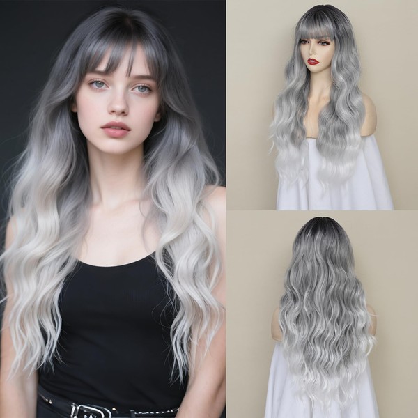 Angzon Long Grey Wavy Wig With Bangs for Women 26