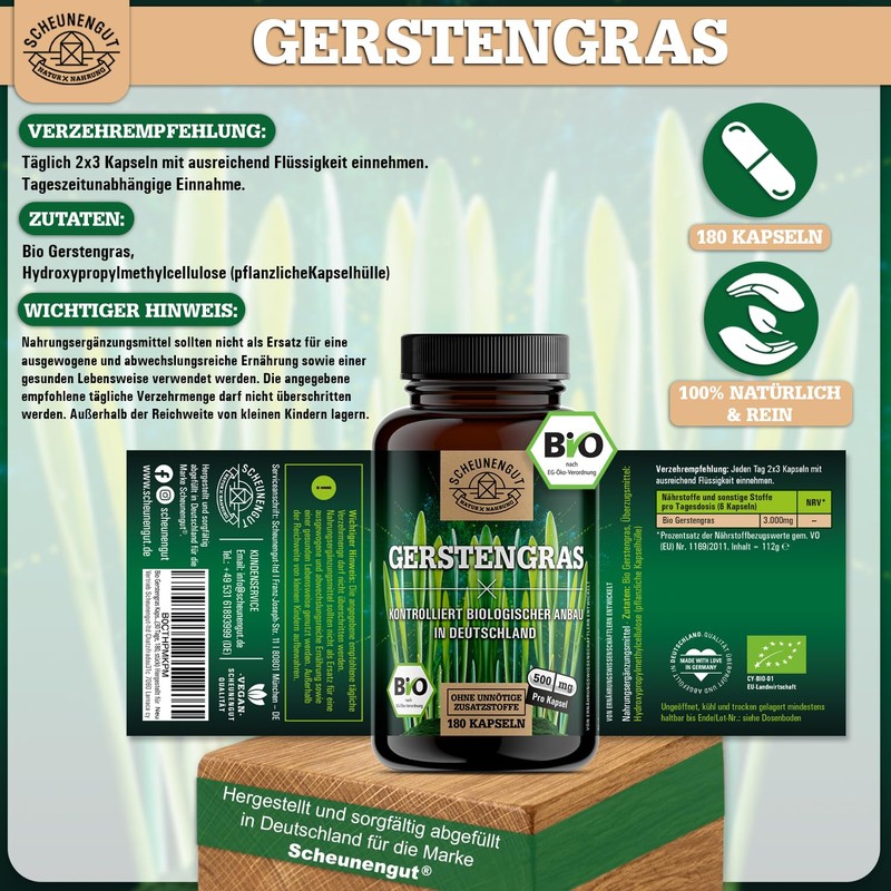 Barley Grass Capsules Organic 180 Pieces 3000 mg per Daily