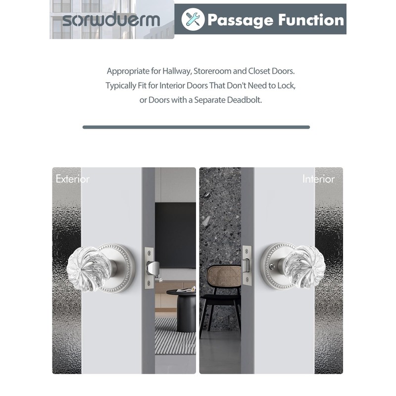 SORWDUERM 1 Pack Crystal Door Knobs Nickel Door Knob Brushed